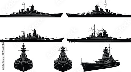 Military battleship silhouette collection, naval warship front side views, historical combat vessel illustration isolated on white background