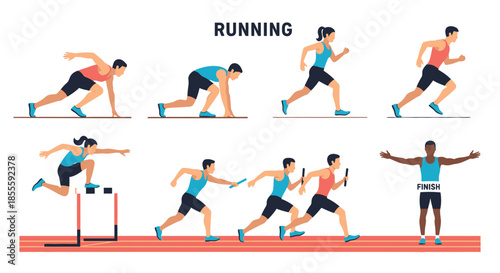 Flat Vector Illustration Set of Runners: Track and Field Athletes in Various Poses, Sprinting, Hurdling, Relay Race, Start, and Finish Line