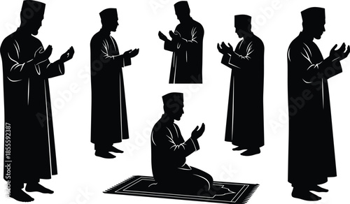 Muslim man praying silhouettes collection, Islamic worship poses standing and kneeling, spiritual faith concept isolated black vector illustration