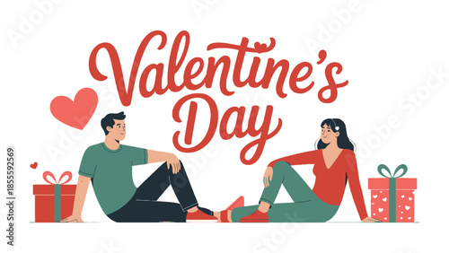 Valentine's Day Couple and Gifts: A loving couple, surrounded by gifts, embraces the romantic spirit of Valentine's Day, illustrating the celebration of love and affection.