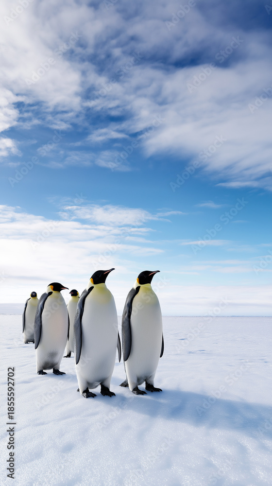 Obraz premium Line of emperor penguins standing together on a snowy Antarctic ice landscape. 