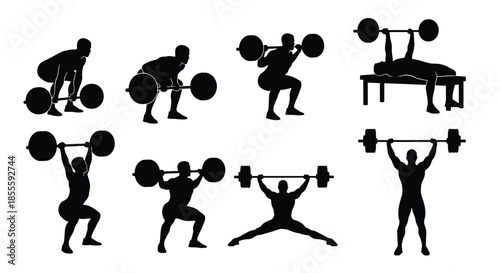 Barbell Weightlifting Exercises Silhouettes Set: Strength Training Workout Poses for Fitness and Muscle Building