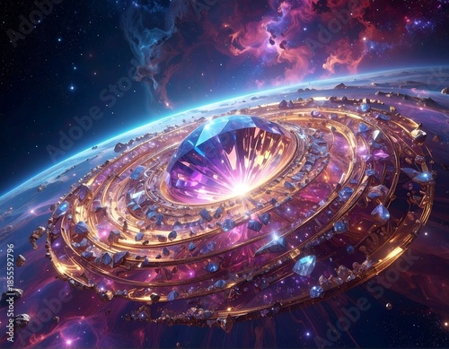 Cosmic jewel core emitting light within a ringed celestial body