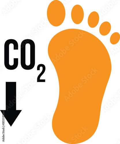 Conceptual graphic illustration representing the crucial need for reducing carbon dioxide emissions symbolized by an orange footprint icon alongside a downward pointing arrow and the chemical symbol c