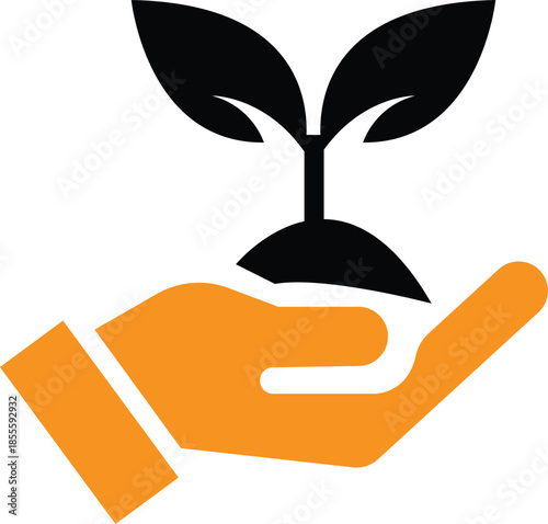 Simple black and orange graphic icon depicting a single seedling plant growing upward from dark soil held gently within the palm of an open human hand symbolizing new beginnings or cultivation efforts