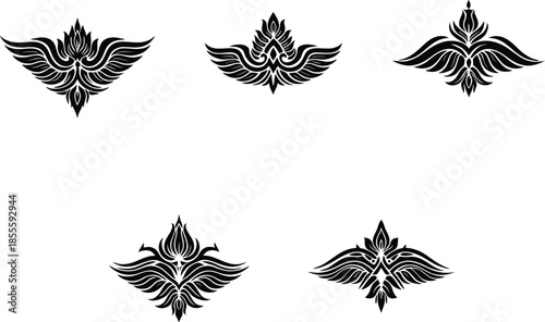 Gothic wing silhouettes with ornamental floral peaks and feathered tribal patterns for creative tattoo branding and modern apparel design.