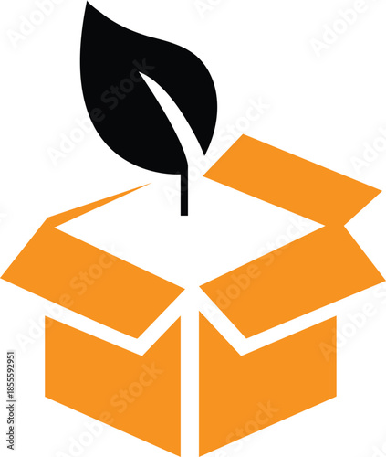 Simple graphic design featuring a vibrant orange open cardboard shipping box with a single stylized black leaf emerging upwards from the center symbolizing organic growth and eco-friendly delivery con