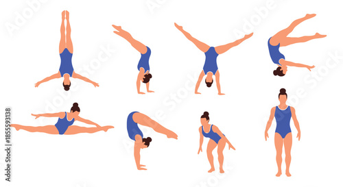 Female Gymnast Poses Set: Dynamic Acrobatic Exercises, Handstand, Split, and Cartwheel Sequence in Blue Leotard, Vector Illustration on White Background