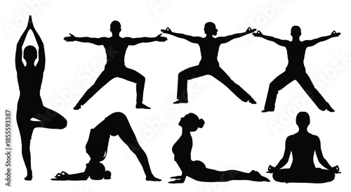 Yoga Poses Silhouettes Set: Diverse People Practicing for Health, Wellness, Fitness, and Meditation on White Background