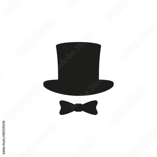 Top hat icon with bow tie. Cylinder hat. Vector silhouette and illustration on a white background.
