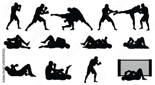 Dynamic Mixed Martial Arts Silhouettes: Fighters in Various Combat Poses and Action Sequences