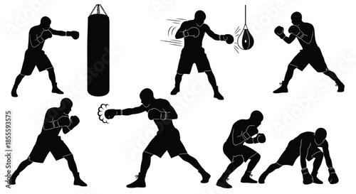 Dynamic Boxer Training Silhouettes Set: Various Boxing Poses, Punches, and Equipment for Sports, Fitness, and Workout Designs