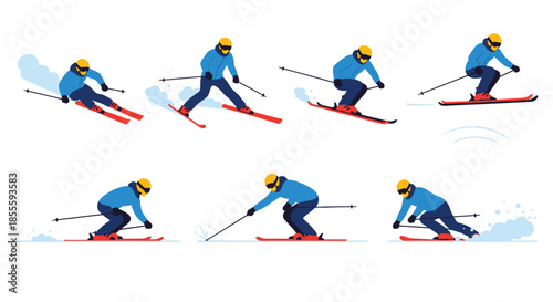 Dynamic Skiing Poses and Techniques: Flat Vector Illustration Set of a Skier in Action, Demonstrating Winter Sport Movements on Snow