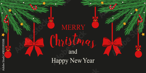 Christmas horizontal vector Banner template design. Christmas tree branch Frame with red bow Christmas ball and holiday typography. EPS 10