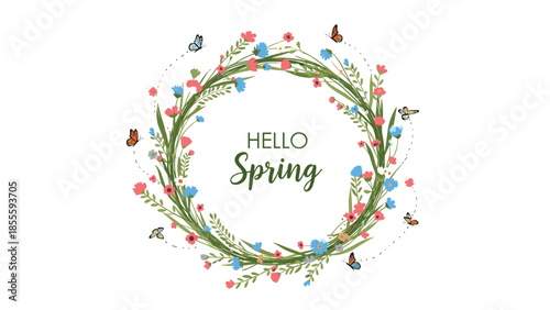 Hello Spring typography inside a beautifully illustrated circular wreath composed of delicate wildflowers, lush greenery, and fluttering butterflies.