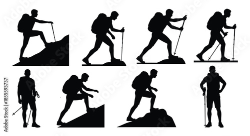 Collection of Silhouettes of Hikers Climbing Mountains with Backpacks and Trekking Poles