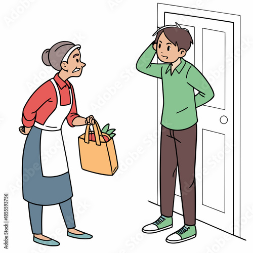 Housewife scolding husband returning late holding grocery bag 1