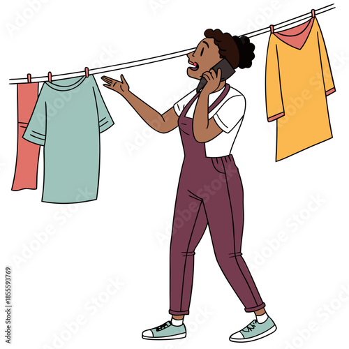Woman hanging clothes on line while talking on phone