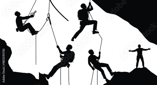 Dynamic Mountain Climbing & Rappelling Silhouettes: Extreme Sport Vector Set for Adventure and Success