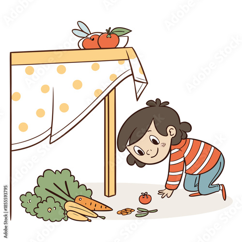 Child hiding vegetables under table during lunch girl