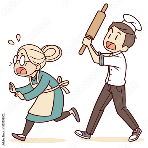 Elderly woman chasing man with rolling pin cartoon