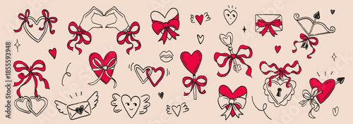 Hand drawn Valentine love icons set with hearts, bows, keys, envelopes and ribbons in naive doodle style. Cute romantic elements for greeting cards, posters, stickers and patterns.