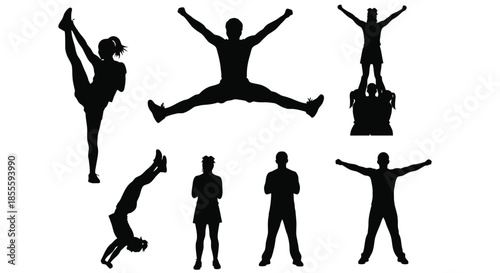 Dynamic collection of black vector silhouettes showcasing various athletic poses, human movement, and fitness exercises, ideal for sports graphic design and wellness illustrations