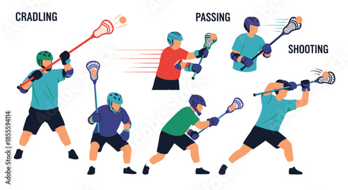 Lacrosse Players Demonstrating Cradling, Passing, and Shooting Techniques Vector Illustration Set for Sports Training and Education