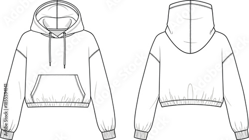 Hoodie sweatshirt technical flat sketch front and back view, fashion cad drawing, casual apparel outline, flat vector illustration