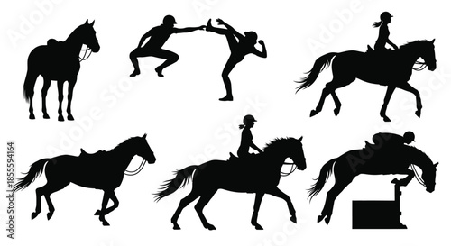 Equestrian Sports and Self-Defense Silhouettes: Horse Riding, Jumping, and Martial Arts Figures Collection