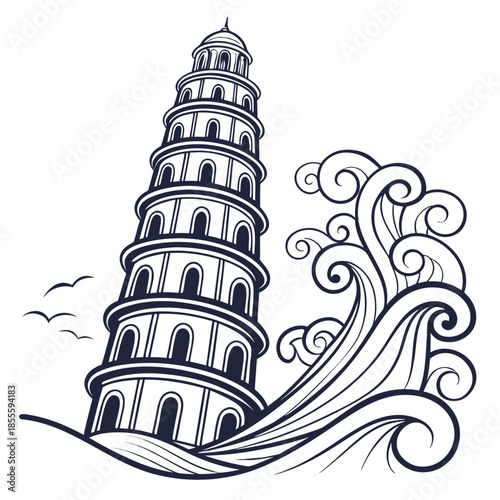 Leaning tower waves crashing navy blue line navy blue