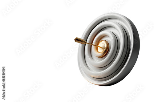 Golden arrow perfectly hitting bullseye on modern abstract target symbolizing success and precision
