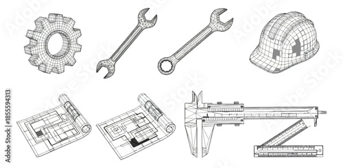 Engineering tools and blueprints illustration