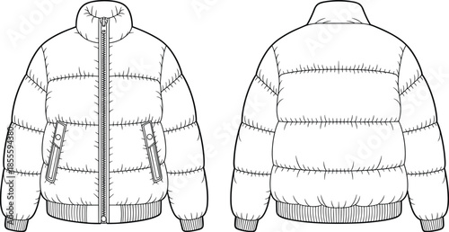 Men puffer jacket technical flat sketch front and back view, winter insulated outerwear apparel design isolated vector illustration