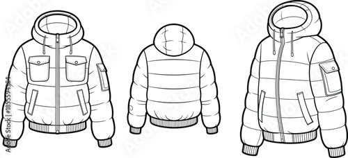 Men hooded puffer jacket front back and side view technical fashion illustration, winter outerwear cad drawing flat vector illustration