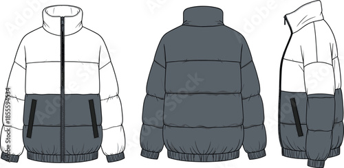 Men puffer jacket technical flat sketch front back and side views, winter outerwear apparel design isolated vector illustration