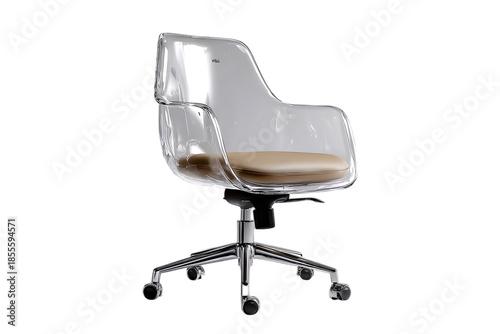 Sleek modern transparent office chair with plush tan cushion and polished chrome base elevates any workspace