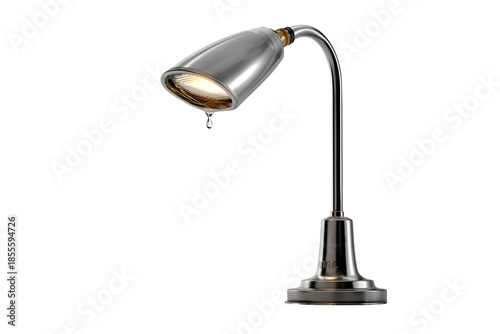 Modern chrome desk lamp with a single water droplet falling, conveying a sense of elegance and innovation