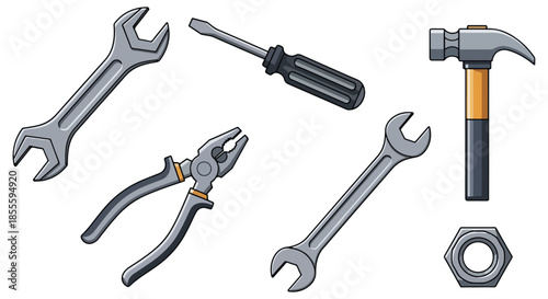 Assorted hand tools on black background for construction and repair