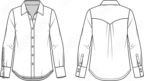 Women button down shirt technical flat sketch front and back view, classic long sleeve apparel design isolated vector illustration