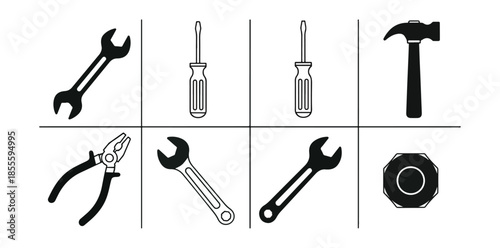 Assorted hand tools silhouettes on black background for repair and construction