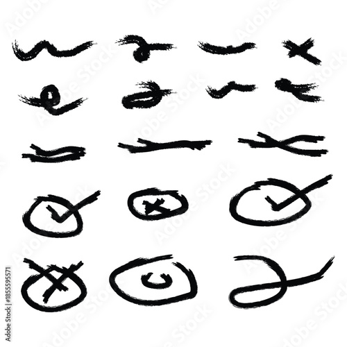 A collection of 16 hand drawn symbols and marks on a white background