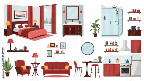 A comprehensive set of modern furniture and interior decor elements for various rooms, including the living room, bedroom, and kitchen.