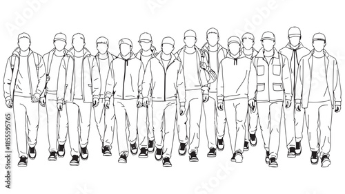 Line art illustration depicting a group of young men walking forward wearing casual layered outerwear including hoodies and jackets with various headwear styles.