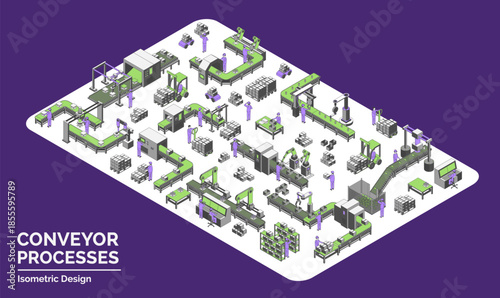 Cartoon Color Conveyor Automation Processes Factory Interior Inside Concept 3d Isometric View Line Elements. Vector illustration