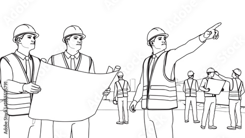 Construction team reviewing blueprints and planning future development at a worksite while one supervisor points toward the distance directing operations clearly