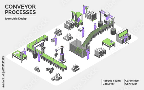 Cartoon Color Conveyor Processes Factory Concept 3d Isometric View Line Elements Robotic Filling and Cargo Rise Conveyor . Vector illustration