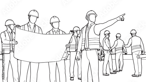 Group of construction workers wearing hard hats and safety vests reviewing large blueprints on site while a foreman points toward a direction or goal