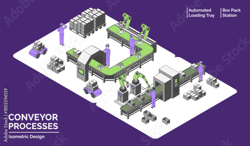 Cartoon Color Conveyor Processes Factory Concept 3d Isometric View Line Elements Box Pack Station and Automated Loading Tray. Vector illustration