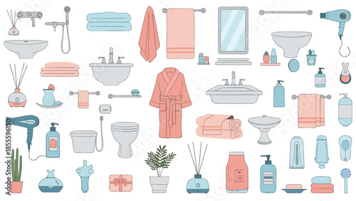A large collection of bathroom furniture and personal hygiene accessories, including sinks, toilets, and towels, in a doodle style.